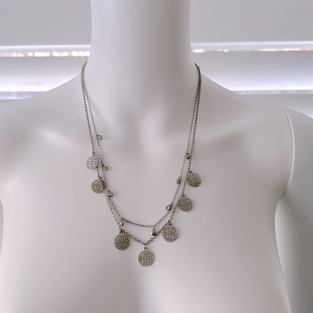 REITMANS Two-Row Necklace Filigree Coin & Stones, Double Chain Silver Necklace